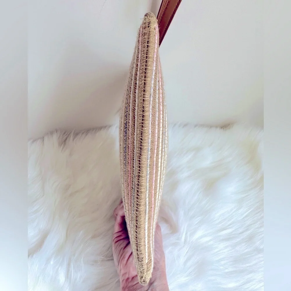 Woven Rattan Clutch Purse/Jewelry Bag with Pink and Blue Ribbon **Like New**